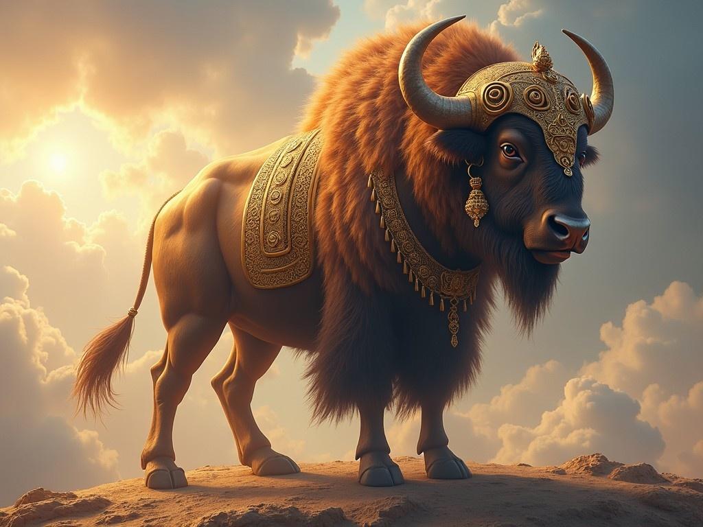 The image depicts a majestic bison designed as a god's vahan, or celestial vehicle. It stands on a rocky outcrop, adorned with intricate golden jewelry and embellishments that signify its divine status. The bison's rich, brown fur is accentuated by the glowing light filtering through soft, fluffy clouds. The background features a heavenly atmosphere, enhancing the sense of divinity. This representation merges powerful imagery with cultural symbolism, creating a striking visual of mythological reverence.