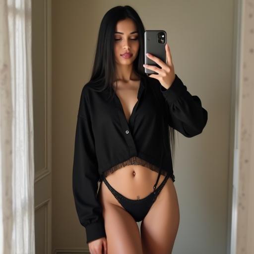 Pakistani woman poses for a selfie in front of a mirror. She wears a black crop top and G-string. She has long straight black hair and is showing her figure.
