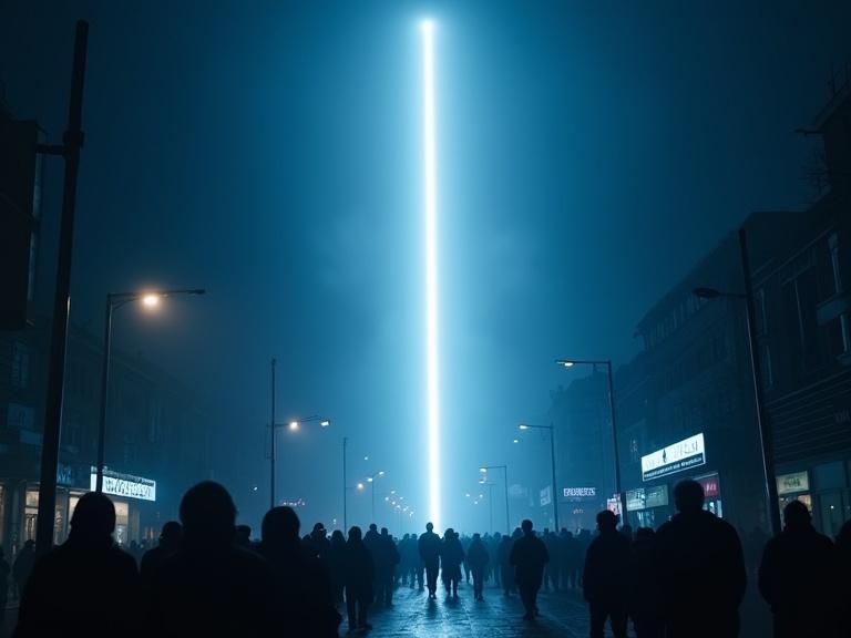 Dark cinematic scene with low ground angle. Huge bright white light above street. People silhouette looking up at the sky. Stores and light poles in view. Dark blue filter applied. 4K resolution with blue lens flare in front.