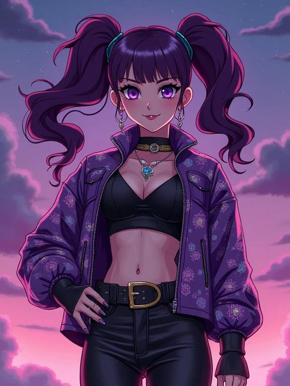 Anime inspired character illustration. Young woman dressed in a futuristic biker outfit. Amethyst purple eyes shining with vibrant energy. Designed with many amethyst accessories. Elegant oversized purple pigtails glow under the night sky. Nighttime setting with colorful clouds. Stylish and edgy outfit highlights strong physique. Tattoos visible on arms. Modern urban setting represents diverse backgrounds.