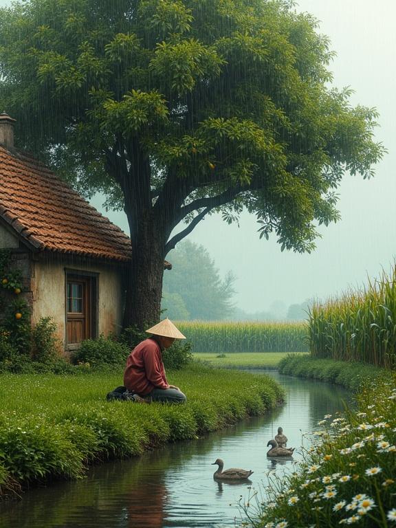 A peaceful rural view on a rainy day with a small house by a cornfield surrounded by green vegetation. Rain enhances earthy charm. A large tree is in the foreground with ripe fruit. A stream flows beside the house where a person in a conical hat kneels near the water. Ducks swim nearby and daisies bloom along the stream.