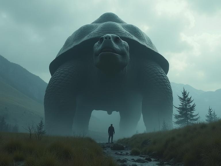 Surreal landscape with a giant tortoise towering over a man. Thick textured shell, dark silhouette, grassy field with hills, small trees, river, mountains, foggy and atmospheric