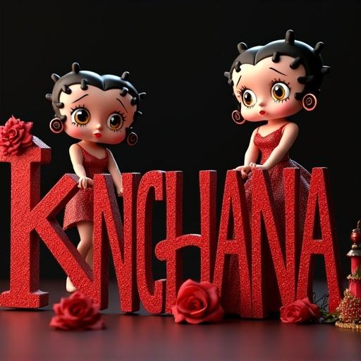A 3D render features a red letter KANCHANA with crystals. Two Betty Boop characters stand beside it wearing sparkly dresses. An umbrella is decorated beside them. A red rose lies next to the letter. Background is dark with soft lighting for aesthetic appeal.