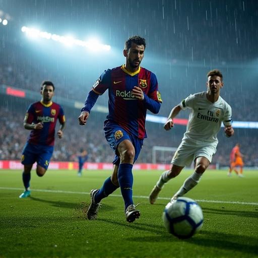 Dramatic night-time football final. FC Barcelona against Real Madrid in a packed stadium. Tension high as score is tied. Barcelona striker sprinting towards goal. Real Madrid defenders in pursuit. Goalkeeper ready to defend. Fans in background with flags and flares. Explosive atmosphere during crucial moment in match.
