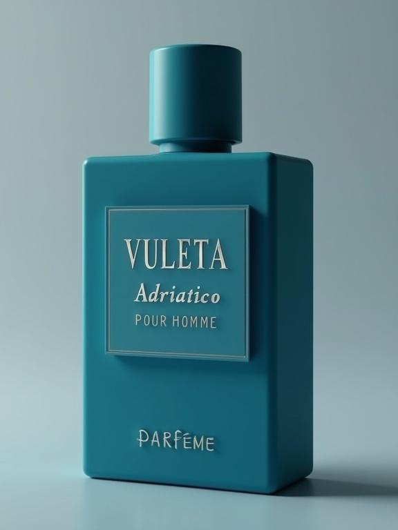 Photo of a minimalistic turquoise perfume bottle. Soft gray background creates a minimalist aesthetic. Dark blue label on the bottle displays 'VULETTA' in bold bespoke engraved-style font in metallic silver at the top. 'ADRIATICO' appears in white silver font in the middle. 'POUR HOMME' is below it. Faint metallic silver text 'PARFEME' is near the bottom. Detailed shot with vibrant color grading and light leaks with shallow depth of field.