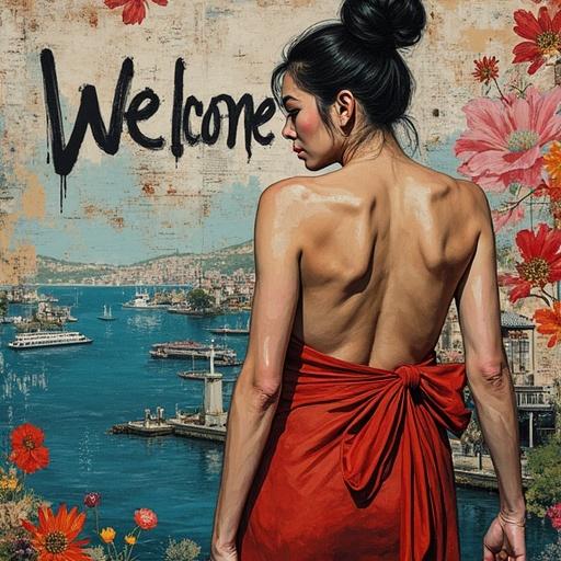 Mixed media artwork featuring a female form symbolizing Japanese pride. Graffiti-style background with 'Welcome' written on a painted wall. Inspired by Gustav Klimt and urban street art. Scenic river town in the background. Centered composition with the figure showing confidence and artistic flair.