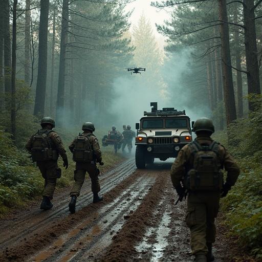 Dynamic scene of military training exercise in forest. Soldiers in tactical gear moving in formation. Hand signals from team leader. Drone hovering above. Medic team evacuating simulated casualty. Muddy ground with tracks and shell casings. Smoke from training grenade. Accurate gear with helmets and hydration packs. Shot from elevated perspective.