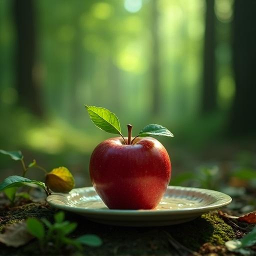 Magical apple that grants immortality under green sunlight lying on a plate in a forest