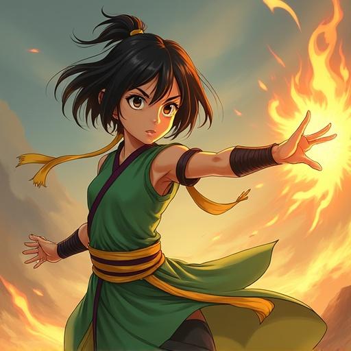 Character performing firebending with a determined expression. Dynamic action pose with flames and energy.