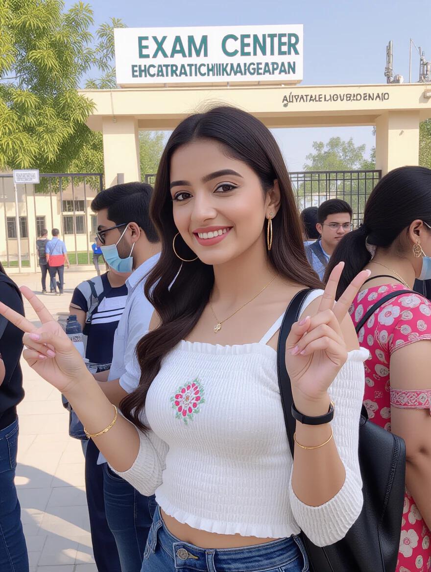 Beautiful girl stands outside the exam center. She wears a white top and smiles at the camera. Others are nearby. The sign of the exam center is visible in the background.