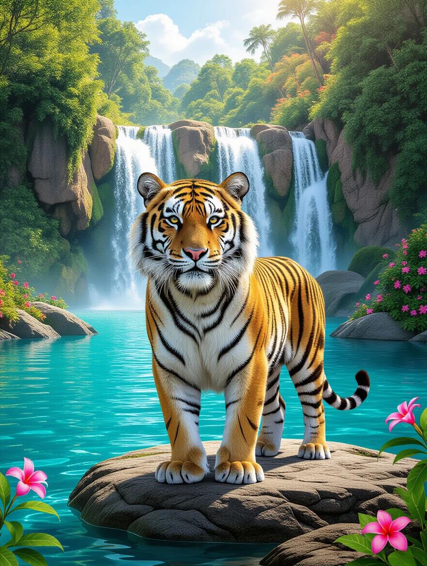 A tiger stands on a stone over a blue river. Vibrant flowers on the banks. A tropical waterfall in the background. Close-up view. Vivid colors.