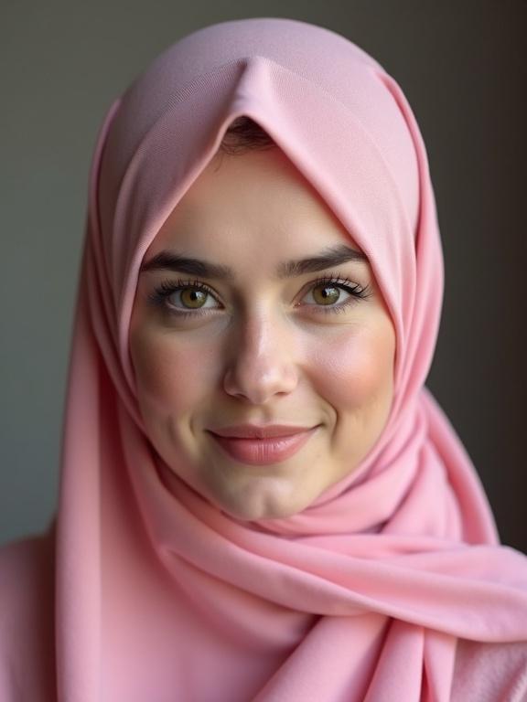 Portrait of a confident woman wearing a pink hijab. She has light skin and a warm smile, looking directly at the camera. The background is softly blurred, focusing on her features.