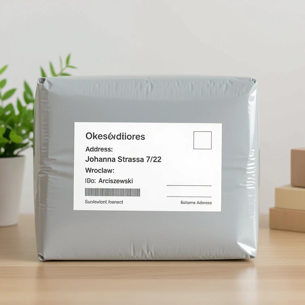 Concealed shipping package on a neutral background. Package is grey with a large shipping label. The label displays an address format for a residential location. No specific names included.