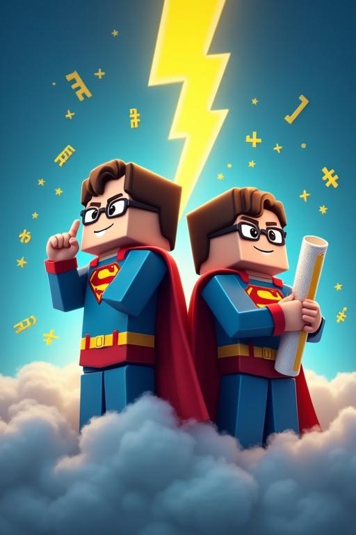 Two children dressed as superheroes standing back to back. One child wears glasses. One child points at their head. The other holds a rolled-up test paper. Both have capes and masks. Bright yellow lightning bolt in background. Royal blue gradient sky with math symbols and clouds surrounding them. Vibrant colors and cheerful expressions. Minecraft-inspired design.