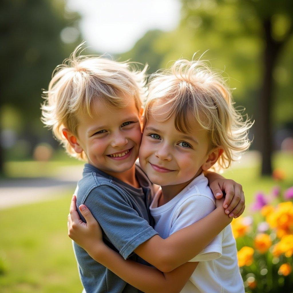 Two children sharing an intimate moment in an outdoor setting. They stand close together in a playful pose. Colorful flowers add vibrancy to the scene. Soft sunlight enhances the warm atmosphere.