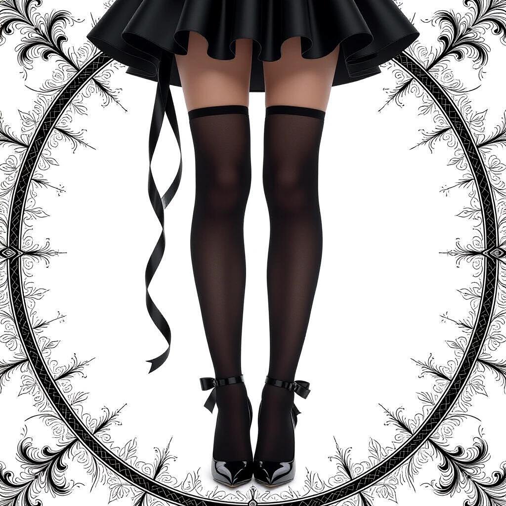 Detailed illustration of legs wearing black thigh-high stockings and high heels. Features a black skirt and stylish ribbons. Abstract white background with intricate designs and a distortion effect. Focus on garment details and arrangement.