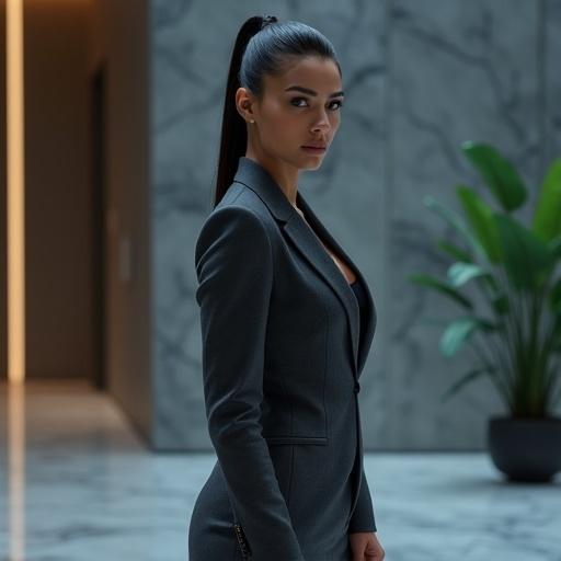A tall 24-year-old female CEO stands in a sleek hotel lobby. She has bronze skin, dark glossy hair in a severe ponytail. Wearing a tailored charcoal suit over a black camisole with stiletto ankle boots. Glaring at a minor flaw, showing authority. The lobby features soft LED lighting and architectural shadows. A cinematic medium shot captures the scene with intricate details.