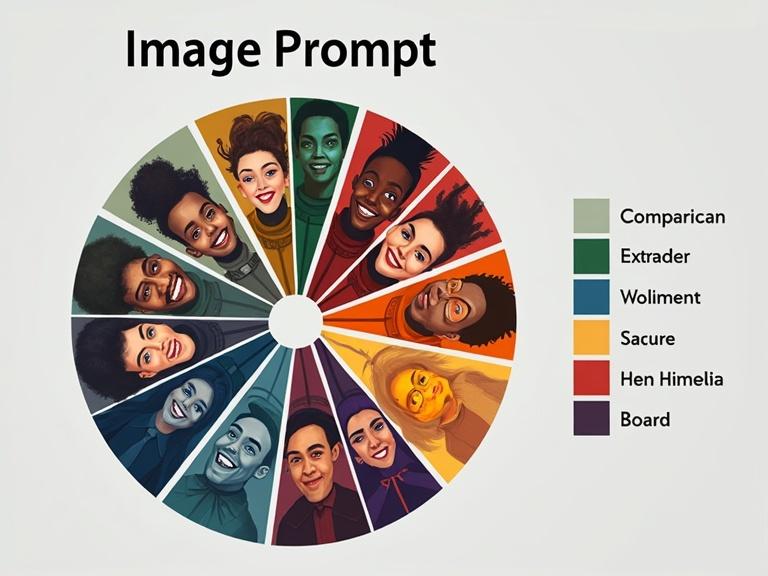 Image of a pie chart featuring diverse faces with AI code analyzing them. The chart is colorful and displays a wide range of expressions. The layout is circular with faces arranged symmetrically. Each section of the pie chart represents different diversity categories.