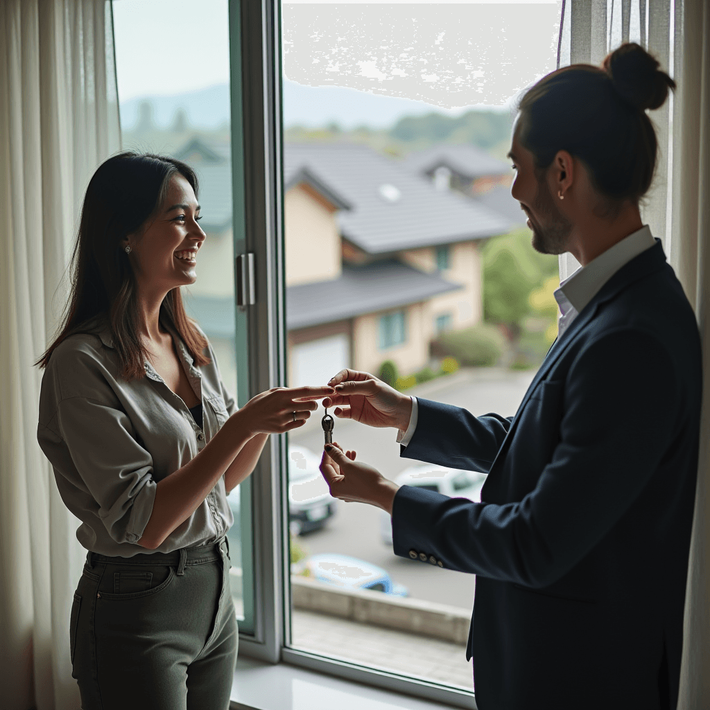 A man hands keys to a woman inside a brightly lit room, with houses visible outside the window.