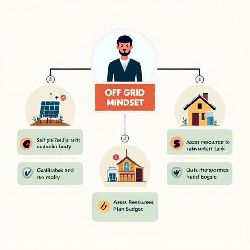 Professional flowchart depicting off-grid mindset goals for Australian homestead. Central figure labeled 'Off-Grid Mindset' branches to 'Self-Sufficiency' with a garden bed icon, 'Sustainability' with a solar panel icon, and 'Resilience' with a rainwater tank icon. Each branch contains a checklist, brightly colored and clearly labeled for clarity.
