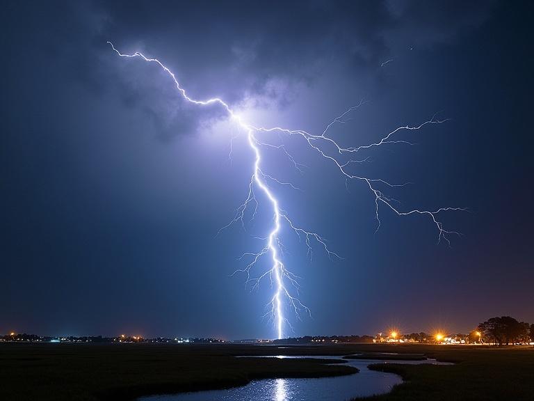 Lightning during a storm seen in a dark sky. Landscape shows flashes of light against dramatic clouds. City lights twinkle in the distance. A stream meanders through the foreground.