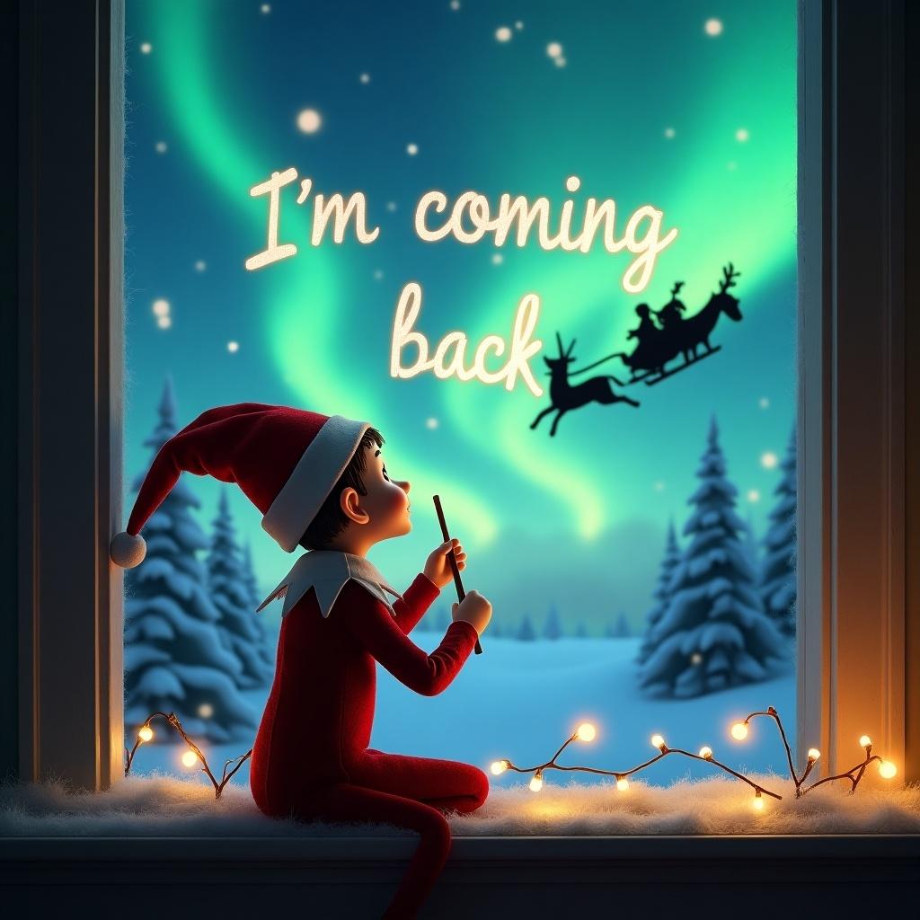 The scene depicts a Christmas-themed image featuring an elf on the shelf. The elf is turned away from the viewer, facing the magnificent northern lights. It is using a wand to write 'Andrew & Aurelia I’m coming back' in the sky. The background is filled with snow-covered trees and twinkling lights, creating a magical atmosphere. The warm glow from the lights adds to the enchanting feel of the scene. This image captures the essence of Christmas anticipation and joy.