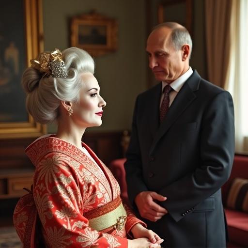 Image featuring a Brazilian president depicted as a geisha presenting to a Russian president. Set in a traditional Soviet-era apartment, with ornate decor and cultural elements from both backgrounds.