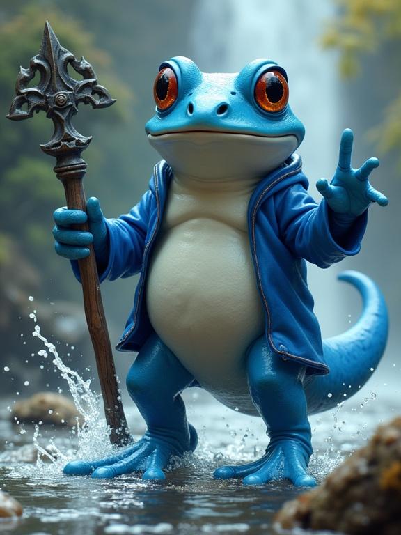 Humanoid blue frog with white belly and orange eyes. Dynamic pose with water magic staff. Very long tongue. Dressed in pirate-like apparel. Fantasy and adventure theme. Semi-realistic style.