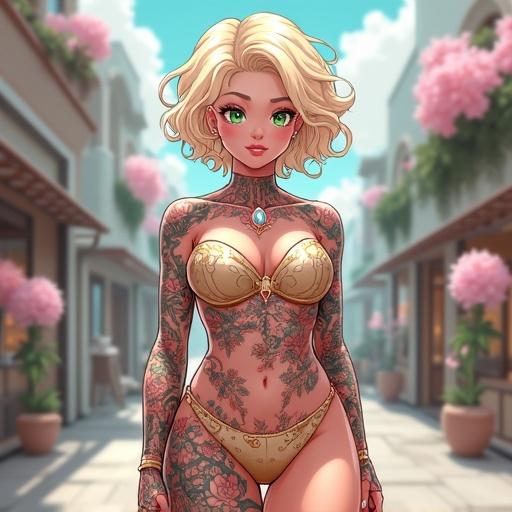 Anime character in a modern luxurious mall. Woman is 67 years old with emerald green eyes and elegant features. Short curly light blonde hair styled beautifully. Wearing light pink diamond jewelry. Features traditional Japanese tattoos. Has a cybernetic right leg and is dressed in a stylish sexy Dior shirt and shiny shorts. Bright summer atmosphere with cherry blossoms.
