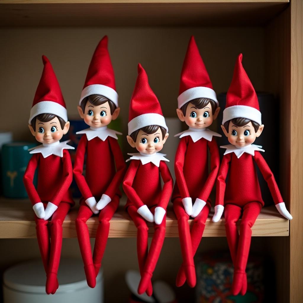 Five elves wearing red outfits and pointy hats. They are sitting in a row on a shelf. The background has household items.