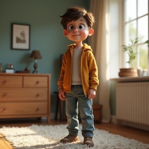 Realistic 10 year old boy standing in his bedroom. Soft natural light filters through the window illuminating the room. The boy wears a cozy yellow hoodie and jeans, showcasing a playful expression.