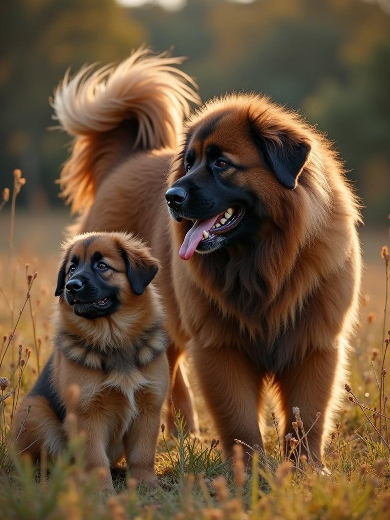 Two Leonberger dogs stand in a sunlit field. One dog is large and fluffy. The other is smaller. They are playing in a warm atmosphere.