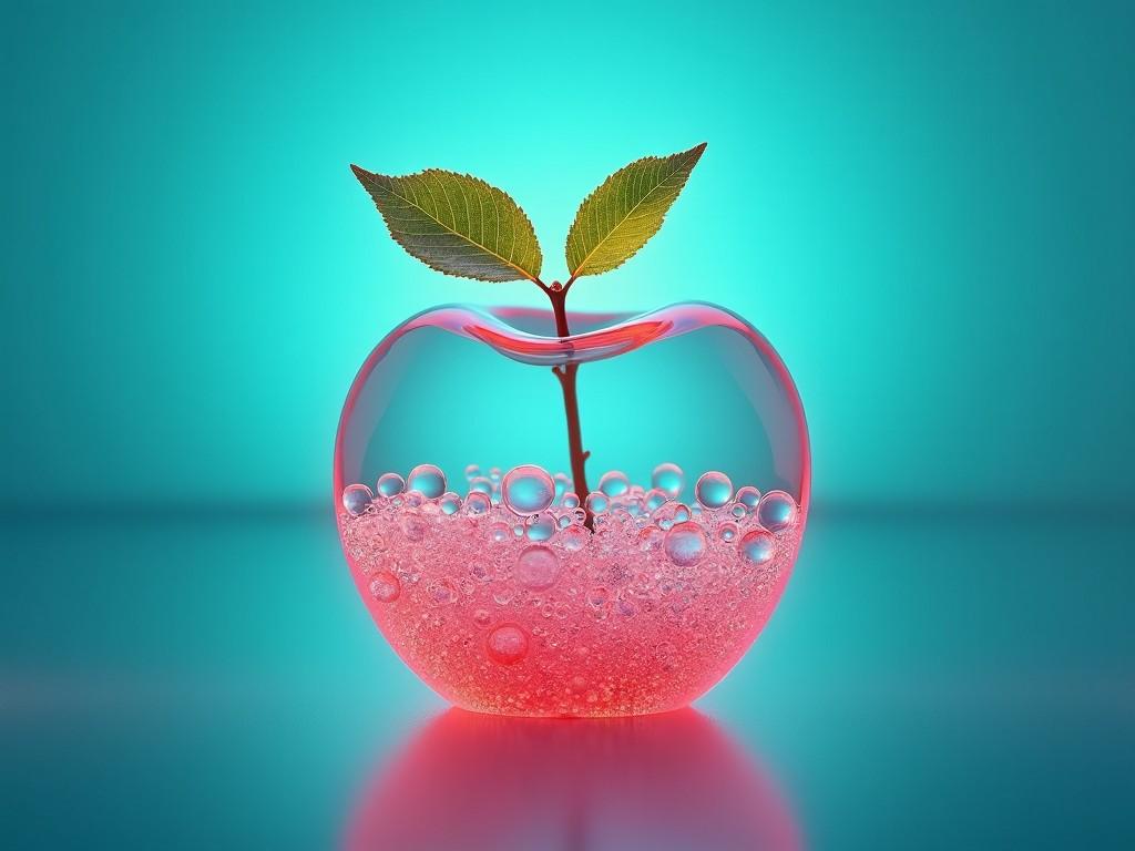 A glass apple with a pink bubbly liquid inside and leaves on top, on a teal background.