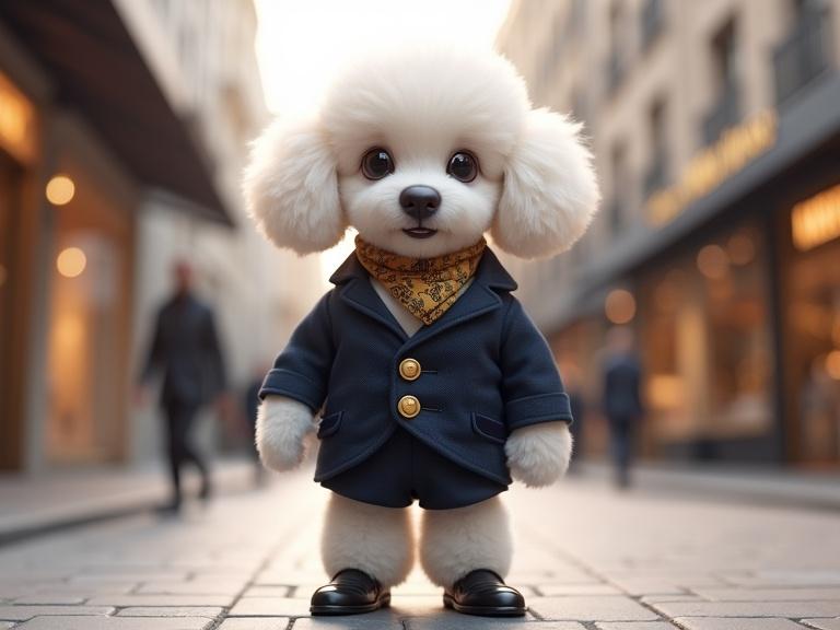 CGI image of a fluffy white poodle puppy standing upright. Puppy dressed in a tailored dark navy suit with a white shirt. Puppy has black leather baby shoes and a luxury scarf. Background shows an upscale city street with shops. Lighting is warm and soft. The style is polished and whimsical.