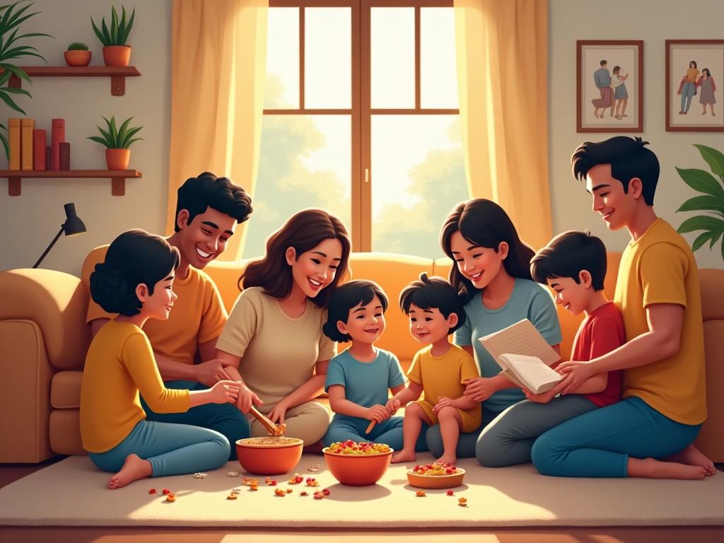 The image depicts a warm and inviting scene of a family enjoying time together in a cozy living room. They are gathered around a coffee table filled with snacks, sharing laughter and stories. The children are engaged and cheerful, reflecting the joy of togetherness. The adults are smiling, showing a sense of love and support. The window light enhances the wholesome atmosphere, emphasizing the familial bonds that enrich their lives.