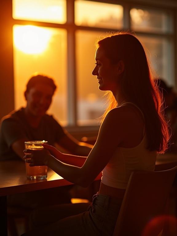 Backlit silhouette of a smiling woman holding a drink at a table. Warm sunset light creates glow and deep shadows. Shot from behind with people in the background. Old photo style with light pixelation and mild blur.