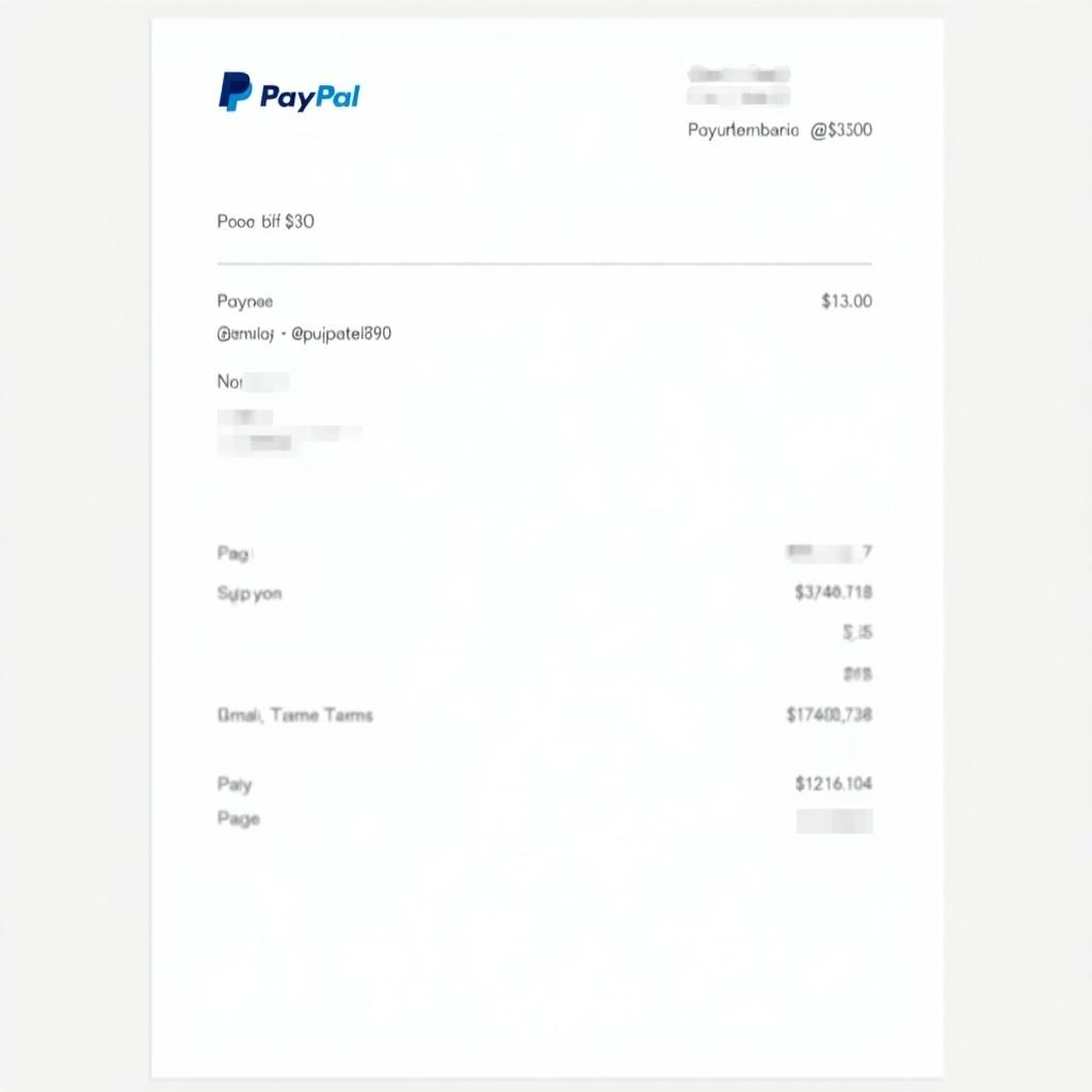 PayPal payment receipt. Document includes a payment proof for $30 to email @pujapatel90. Features PayPal logo at the top. Lists details like payer's name, transaction amount, and transaction number. Used for online payments.