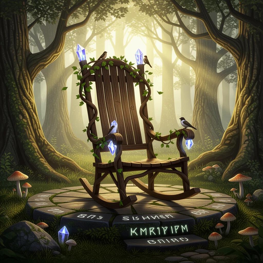 A detailed fantasy scene featuring a rocking chair created by a forest spirit. Set in a magical woodland with glowing mushrooms and ancient stones. The chair includes living elements, glowing crystals, and a guardian spirit in the background.