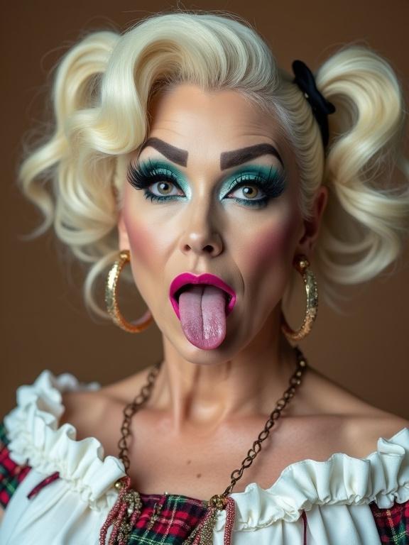 A close-up portrait of a drag performer with elaborate makeup. The performer shows turquoise eyeshadow, exaggerated lashes, pink lips, and contouring. Hair styled in pigtails with black accessories. Wearing an off-shoulder top with plaid fabric. Tongue sticking out playfully. Shot with artificial lighting against a neutral background. Text at the top and bottom of the image.