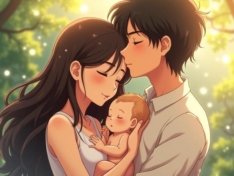 Heartwarming anime-style illustration of a young family. Mother cradles baby close to her chest. Foreheads touch in love. Baby resting calmly in mother’s arms. Father leans in for a kiss on mother’s head. Soft, blurred garden background. Warm light and rich colors create emotional depth.