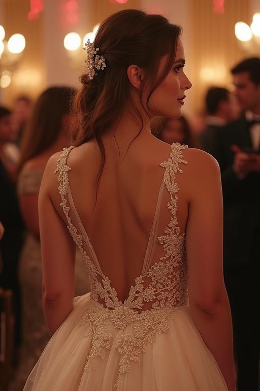 Beautiful bride in a plunging neckline dress at a party. The dress showcases sinful curves. The elegant event highlights bridal fashion.