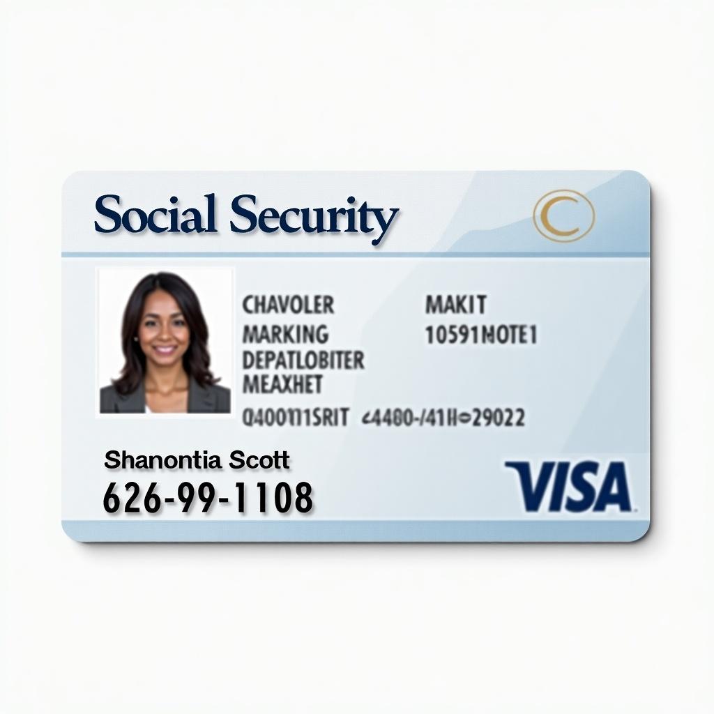 High resolution social security card depicting personal details. Blue background with official text and logo. Card includes personal attributes and identification information clearly.