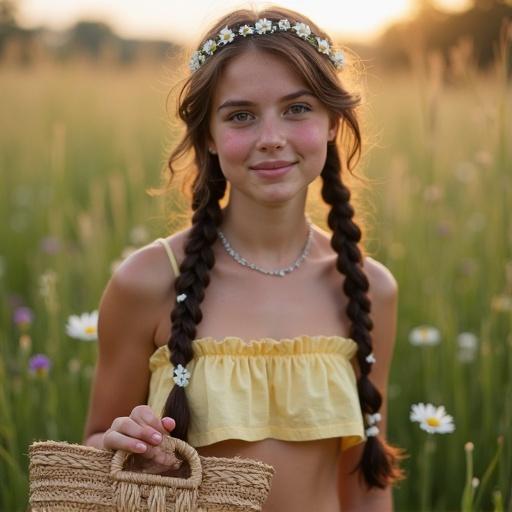 Square portrait of a young woman in a meadow. She has long braids and a daisy chain headband. Wearing a yellow micro bikini. Holding a straw basket. Soft smile, sunset backdrop.