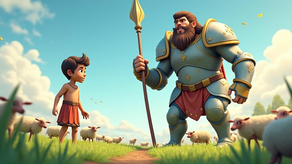 3D cartoon illustration of David, a young boy standing in green pastures with sheep. A towering Goliath in armor holds a spear. Split scene shows both characters. David looks calm and brave while Goliath sneers arrogantly.