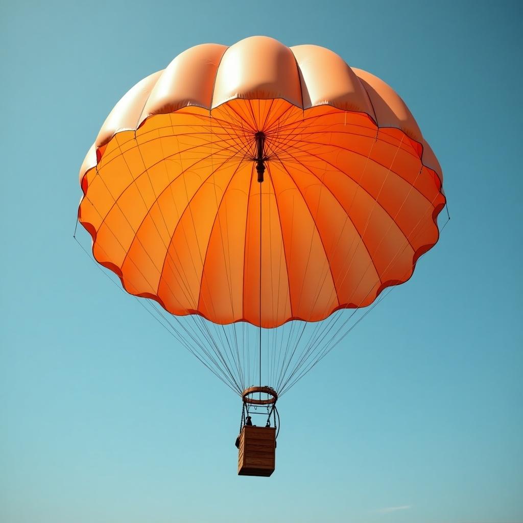 A brightly colored orange parachute floats against a clear blue sky. The parachute is fully deployed with a basket below. The image captures the joy of skydiving or parachute sports in a scenic outdoor environment.