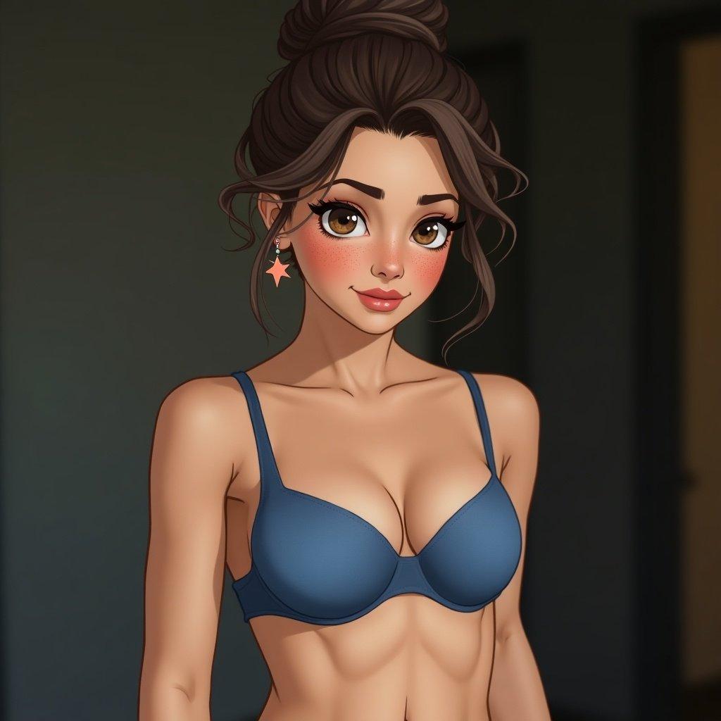 Illustration of a pretty lady with freckles on her chest and face. She has dark brown eyes and a bun hairstyle. The character wears a blue bra and panties and has an outie bellybutton.