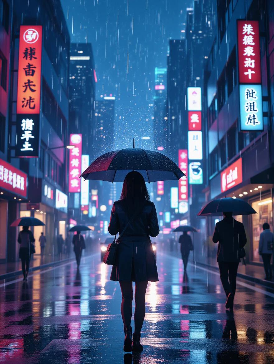 A cyberpunk city at night in the rain. A person looks up at a hovering vehicle while rain drips from the brim of their hat. Neon lights reflect on the wet streets. The image has a 3D realistic style and a 16:9 aspect ratio.