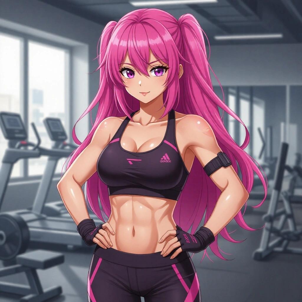 Anime character in a fitness studio after workout. Character has pink hair. Wears fitness attire. Gym setting with exercise equipment in background.