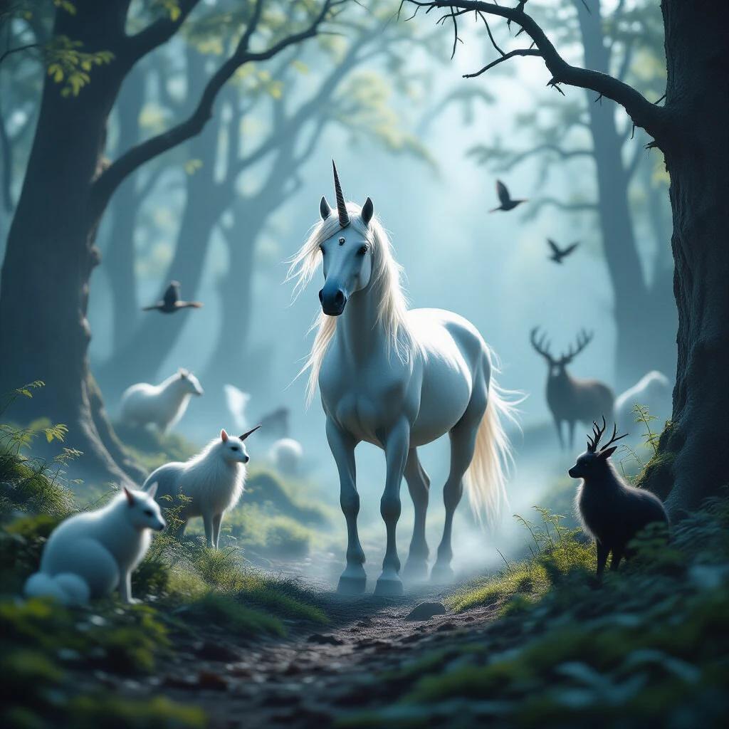 A unicorn stands in a misty glade. Surrounding magical creatures include deer and foxes. Scene is hyper-realistic. Captured in cinematic style. Image resolution is 8K.