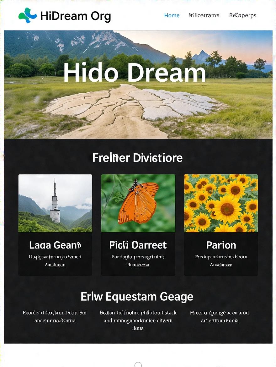 Website layout featuring a nature theme. Mountains in the background. Cracked earth in the foreground. Four sections showcasing services. Title element present.